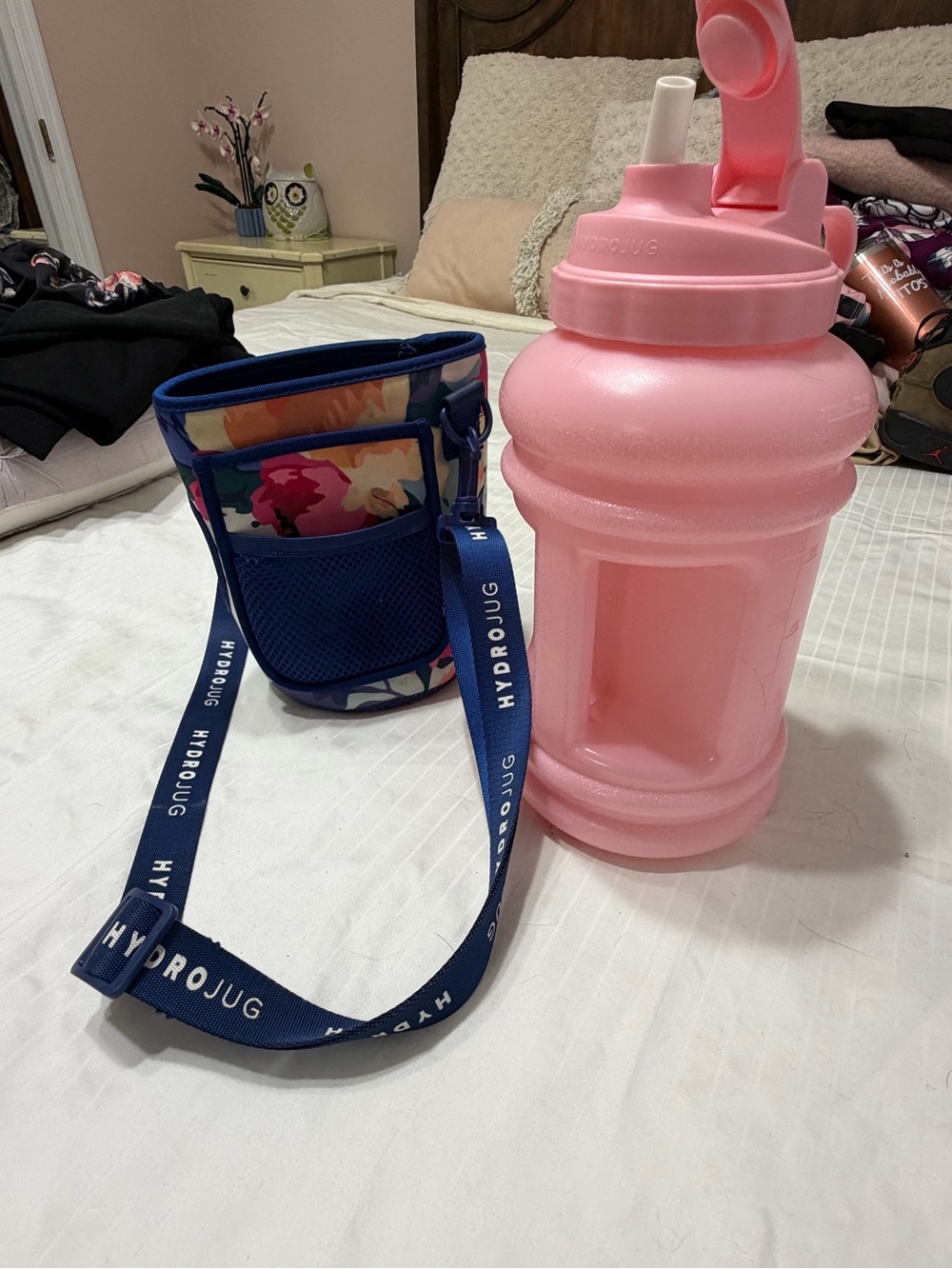 HydroJug Pink Water Bottle with Navy Floral Neoprene Carrier